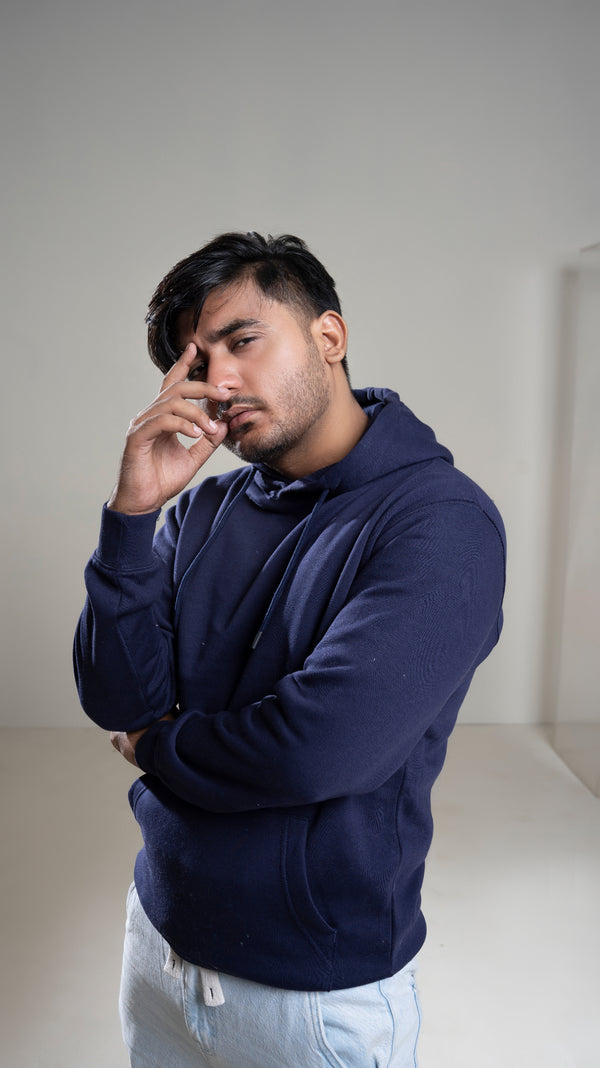 Unisex Navy Blue Fleece Comfort Fit Pullover Hoodie